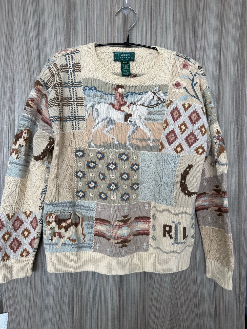 Vintage Lauren Ralph Lauren Hand-Knit Equestrian Patchwork Sweater - Women’s M